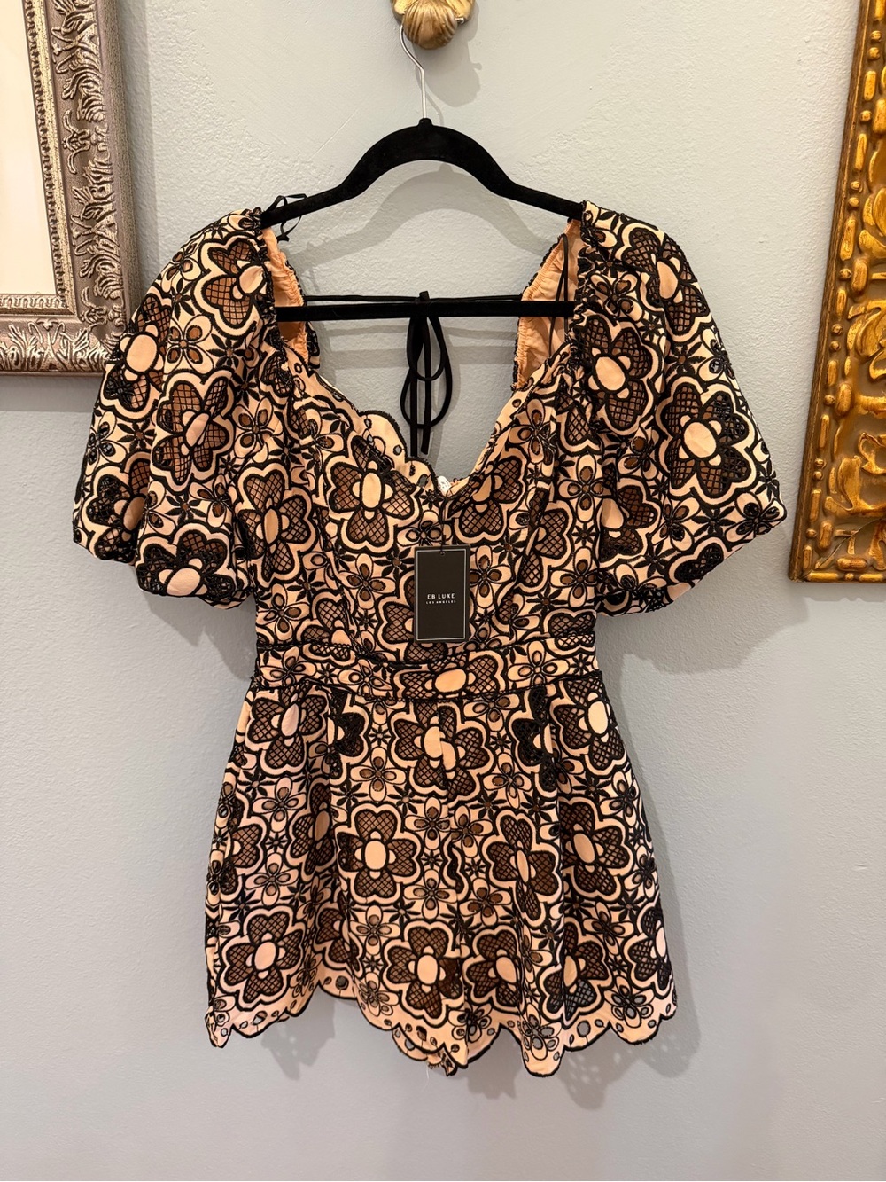 Luxe Pink & Black Floral Eyelet Peplum Tunic
